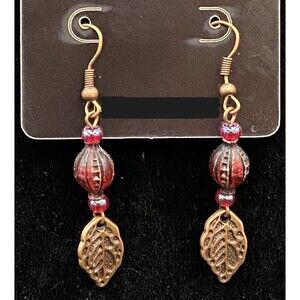 Handmade Aged Copper Tone Leaf & Red Bead Earrings by Neanie-Bot
